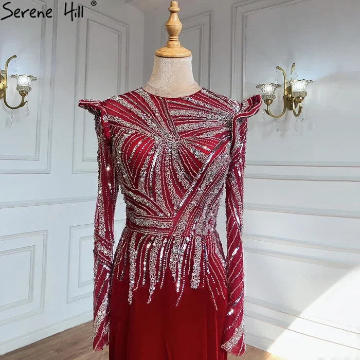 Serene Hill Muslim Mermaid Wine Red Evening Dresses Gowns 2025 Beaded Elegant Velour For Women Party LA71449 - SERENE HILL