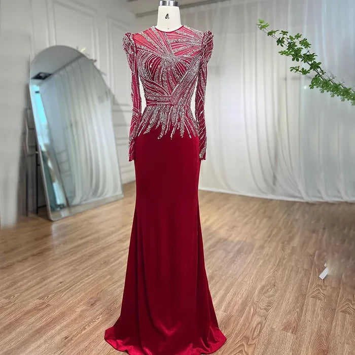 Serene Hill Muslim Mermaid Wine Red Evening Dresses Gowns 2025 Beaded Elegant Velour For Women Party LA71449 - SERENE HILL