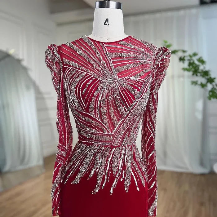 Serene Hill Muslim Mermaid Wine Red Evening Dresses Gowns 2025 Beaded Elegant Velour For Women Party LA71449 - SERENE HILL