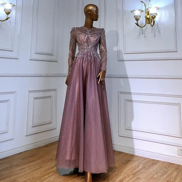 Serene Hill Muslim Pink A-Line Beaded Luxury Evening Dresses Gowns 2025 For Women Wedding Party LA71290A - SERENE HILL