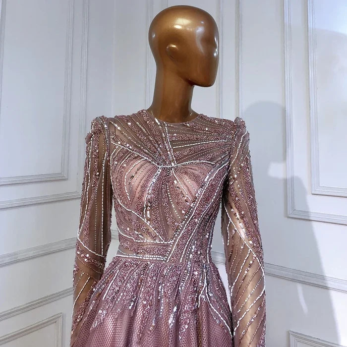 Serene Hill Muslim Pink A-Line Beaded Luxury Evening Dresses Gowns 2025 For Women Wedding Party LA71290A - SERENE HILL