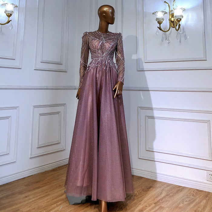 Serene Hill Muslim Pink Evening Dresses Gowns Beaded A-Line Luxury 2025 For Women Wedding Party LA71290L - SERENE HILL