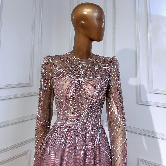 Serene Hill Muslim Pink Evening Dresses Gowns Beaded A-Line Luxury 2025 For Women Wedding Party LA71290L - SERENE HILL