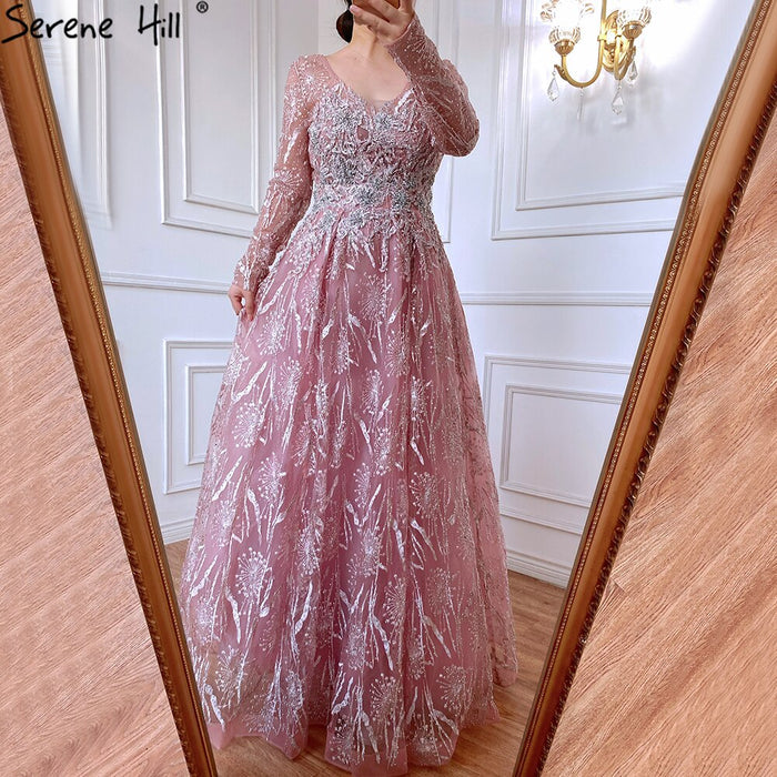 Serene Hill Muslim Pink Luxury Evening Dresses 2025 A-Line Beaded Long Sleeves For Women Party LA71311 - SERENE HILL