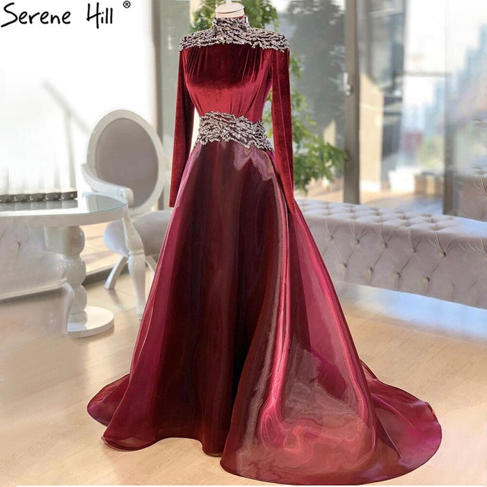 Serene Hill Muslim Wine Red Evening Dresses Gowns 2025 Velour Beaded A-Line For Women Wedding Party LA71431 - SERENE HILL