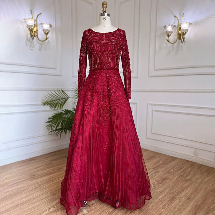 Serene Hill Muslim Wine Red Luxury Evening Dresses Gowns 2025 A-Line Beaded For Women Wedding Party LA71873 - SERENE HILL