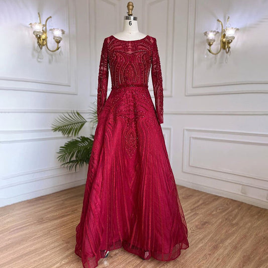 Serene Hill Muslim Wine Red Luxury Evening Dresses Gowns 2025 A-Line Beaded For Women Wedding Party LA71873 - SERENE HILL
