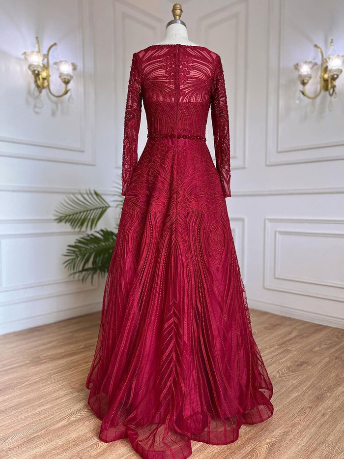 Serene Hill Muslim Wine Red Luxury Evening Dresses Gowns 2025 A-Line Beaded For Women Wedding Party LA71873 - SERENE HILL