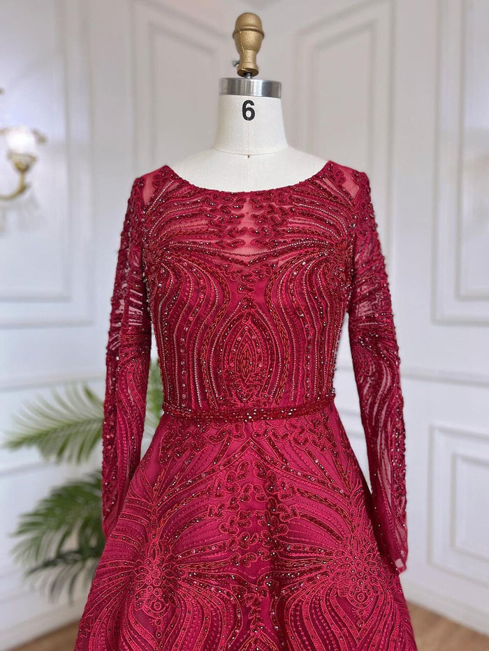 Serene Hill Muslim Wine Red Luxury Evening Dresses Gowns 2025 A-Line Beaded For Women Wedding Party LA71873 - SERENE HILL