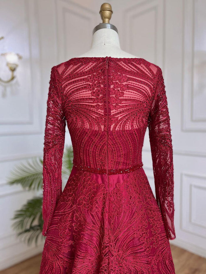 Serene Hill Muslim Wine Red Luxury Evening Dresses Gowns 2025 A-Line Beaded For Women Wedding Party LA71873 - SERENE HILL