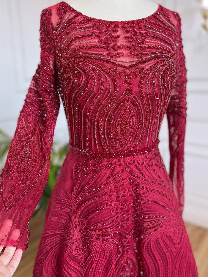 Serene Hill Muslim Wine Red Luxury Evening Dresses Gowns 2025 A-Line Beaded For Women Wedding Party LA71873 - SERENE HILL