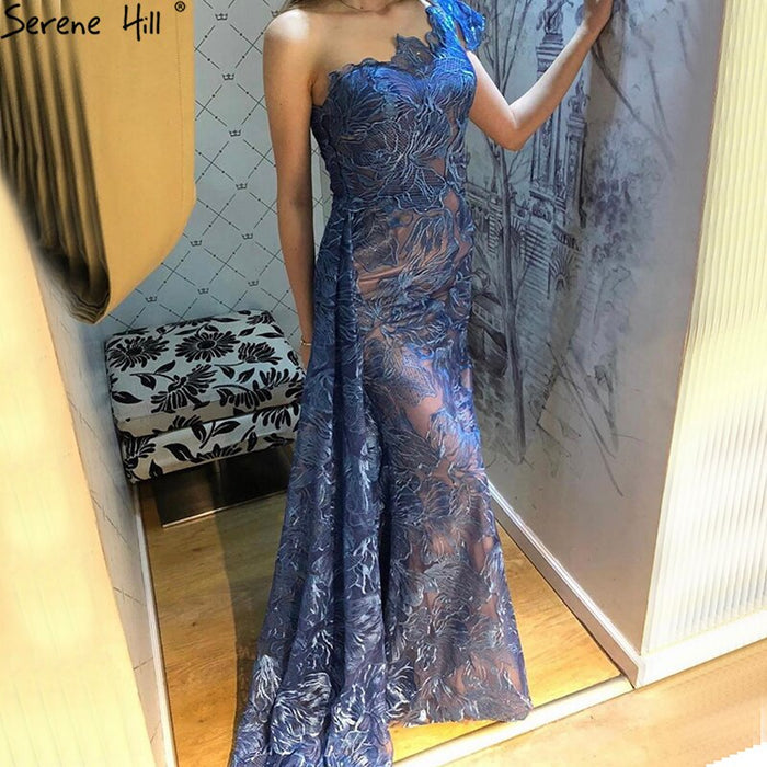 Serene Hill Navy Blue Mermaid Evening Dresses Dubai One Shoulder Sexy Flowers Formal Dress Design LA70753 - SERENE HILL