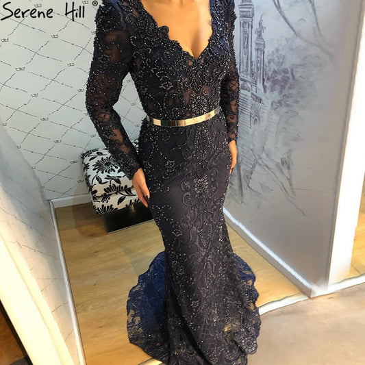 Serene Hill Navy Blue Mermaid Lace Beaded Muslim Luxury Evening Dresses Gowns 2025 Party For Woman LA71075 - SERENE HILL