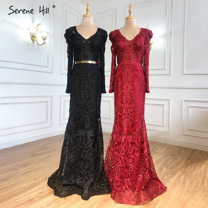 Serene Hill Navy Blue Mermaid Lace Beaded Muslim Luxury Evening Dresses Gowns 2025 Party For Woman LA71075 - SERENE HILL