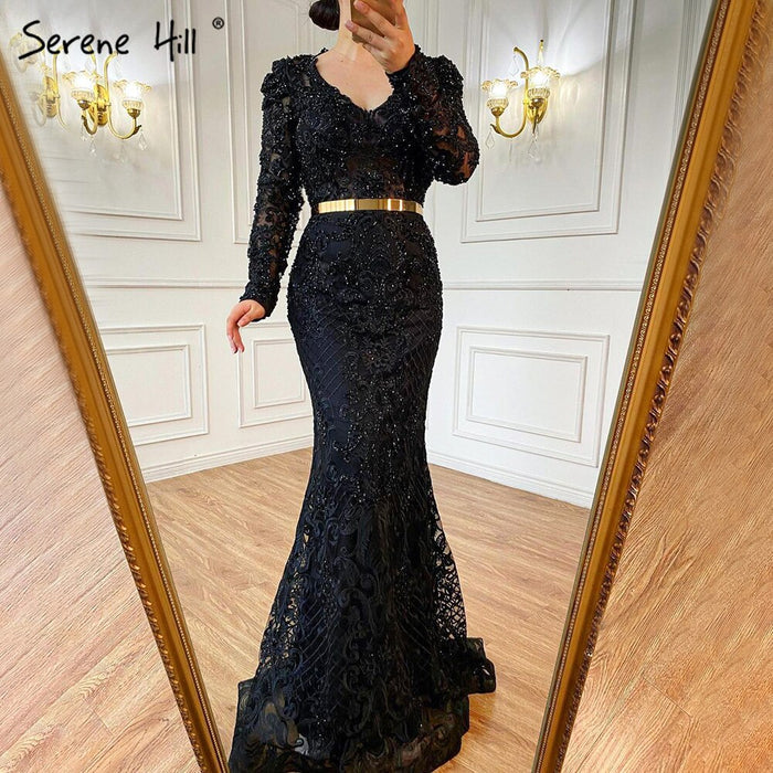 Serene Hill Navy Blue Mermaid Lace Beaded Muslim Luxury Evening Dresses Gowns 2025 Party For Woman LA71075 - SERENE HILL