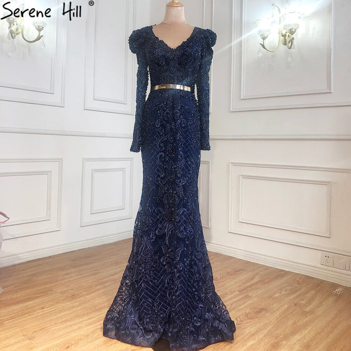 Serene Hill Navy Blue Mermaid Lace Beaded Muslim Luxury Evening Dresses Gowns 2025 Party For Woman LA71075 - SERENE HILL