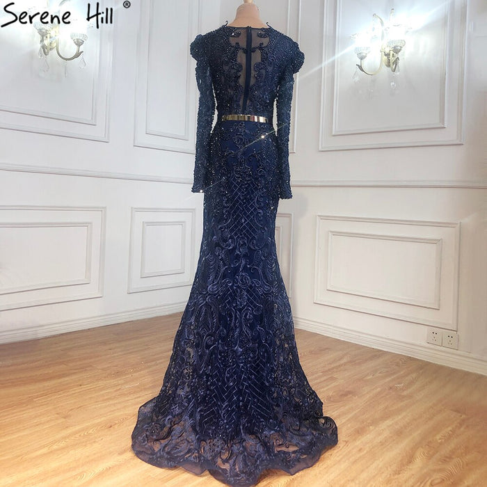 Serene Hill Navy Blue Mermaid Lace Beaded Muslim Luxury Evening Dresses Gowns 2025 Party For Woman LA71075 - SERENE HILL