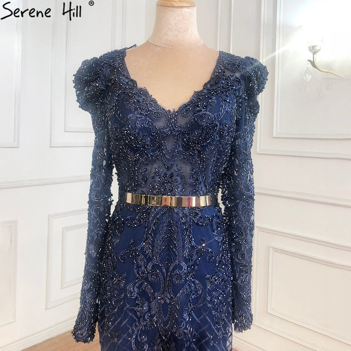 Serene Hill Navy Blue Mermaid Lace Beaded Muslim Luxury Evening Dresses Gowns 2025 Party For Woman LA71075 - SERENE HILL