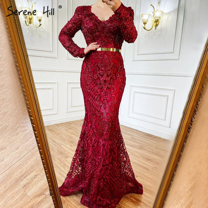 Serene Hill Navy Blue Mermaid Lace Beaded Muslim Luxury Evening Dresses Gowns 2025 Party For Woman LA71075 - SERENE HILL