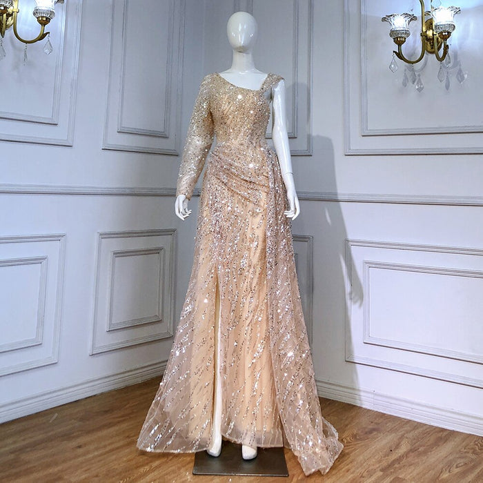 Serene Hill Peach Mermaid Elegant Evening Dresses Gowns 2025 Beaded Luxury Overskirt For Women Party LA71527 - SERENE HILL