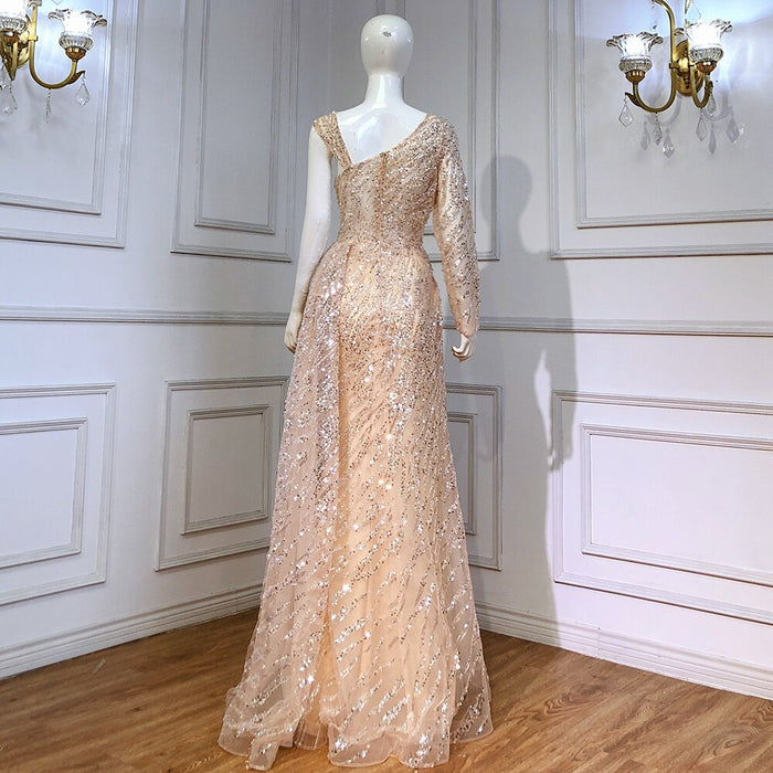 Serene Hill Peach Mermaid Elegant Evening Dresses Gowns 2025 Beaded Luxury Overskirt For Women Party LA71527 - SERENE HILL