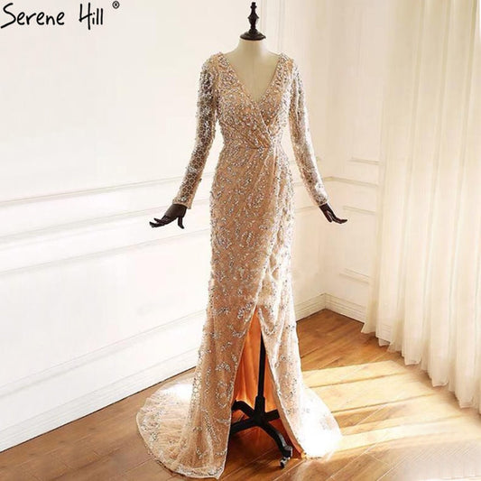 Serene Hill Peach Mermaid V-Neck Evening Dresses 2025 Dubai Long Sleeves Beading Formal Dress Design LA70499 - SERENE HILL