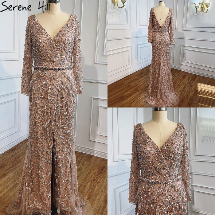 Serene Hill Peach Mermaid V-Neck Evening Dresses 2025 Dubai Long Sleeves Beading Formal Dress Design LA70499 - SERENE HILL