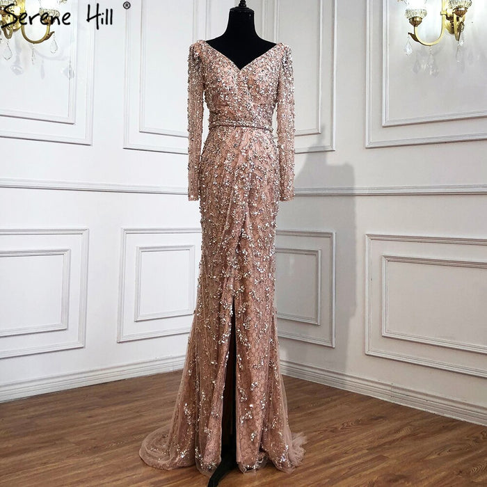 Serene Hill Peach Mermaid V-Neck Evening Dresses 2025 Dubai Long Sleeves Beading Formal Dress Design LA70499 - SERENE HILL