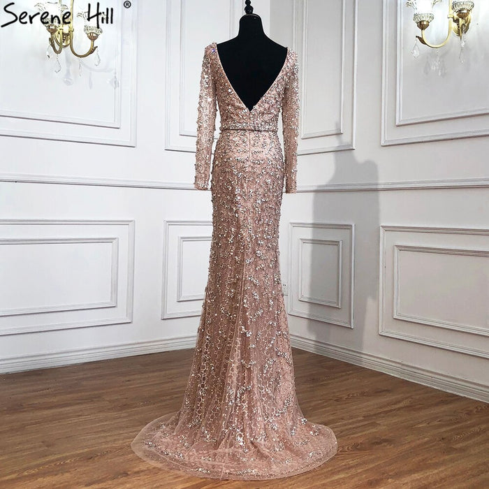 Serene Hill Peach Mermaid V-Neck Evening Dresses 2025 Dubai Long Sleeves Beading Formal Dress Design LA70499 - SERENE HILL