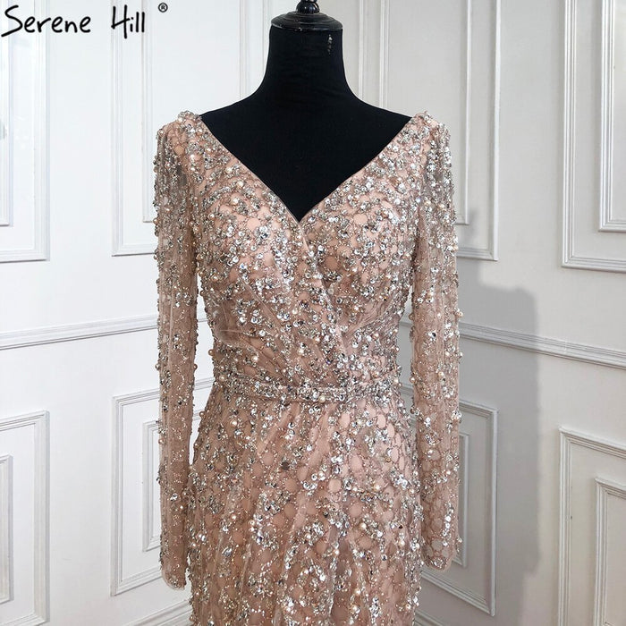 Serene Hill Peach Mermaid V-Neck Evening Dresses 2025 Dubai Long Sleeves Beading Formal Dress Design LA70499 - SERENE HILL