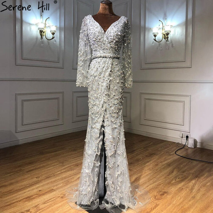 Serene Hill Peach Mermaid V-Neck Evening Dresses 2025 Dubai Long Sleeves Beading Formal Dress Design LA70499 - SERENE HILL
