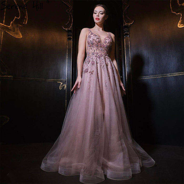 Serene Hill Pink A-Line Sexy Evening Dresses Gowns 2025 Spaghetti Strap Beaded For Women Party LA71268 - SERENE HILL