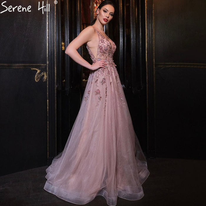 Serene Hill Pink A-Line Sexy Evening Dresses Gowns 2025 Spaghetti Strap Beaded For Women Party LA71268 - SERENE HILL
