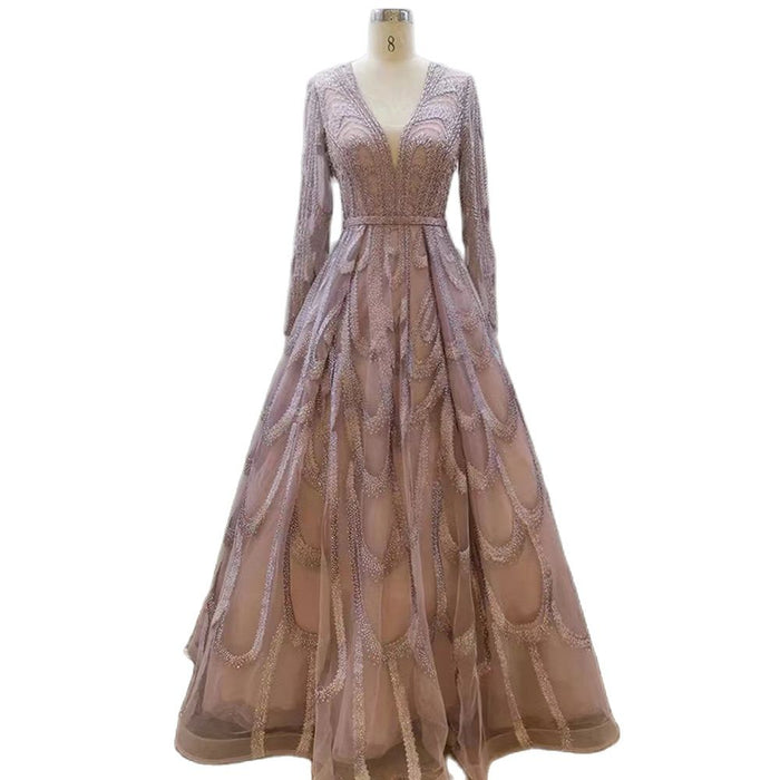 Serene Hill Pink Beaded Muslim Evening Dresses Gowns 2025 Luxury A-Line Puff Sleeve For Women Party LA71758 - SERENE HILL