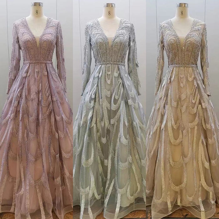 Serene Hill Pink Beaded Muslim Evening Dresses Gowns 2025 Luxury A-Line Puff Sleeve For Women Party LA71758 - SERENE HILL