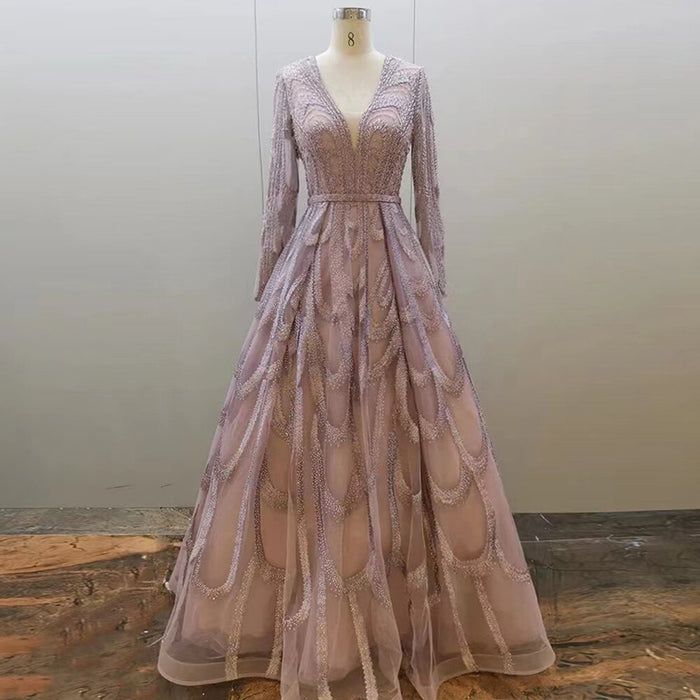 Serene Hill Pink Beaded Muslim Evening Dresses Gowns 2025 Luxury A-Line Puff Sleeve For Women Party LA71758 - SERENE HILL