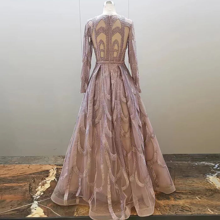Serene Hill Pink Beaded Muslim Evening Dresses Gowns 2025 Luxury A-Line Puff Sleeve For Women Party LA71758 - SERENE HILL