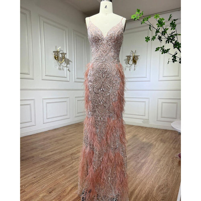 Serene Hill Pink Feathers Mermaid Evening Dresses 2025 Luxury Dubai Gowns for Women Wedding Party LA72105 - SERENE HILL