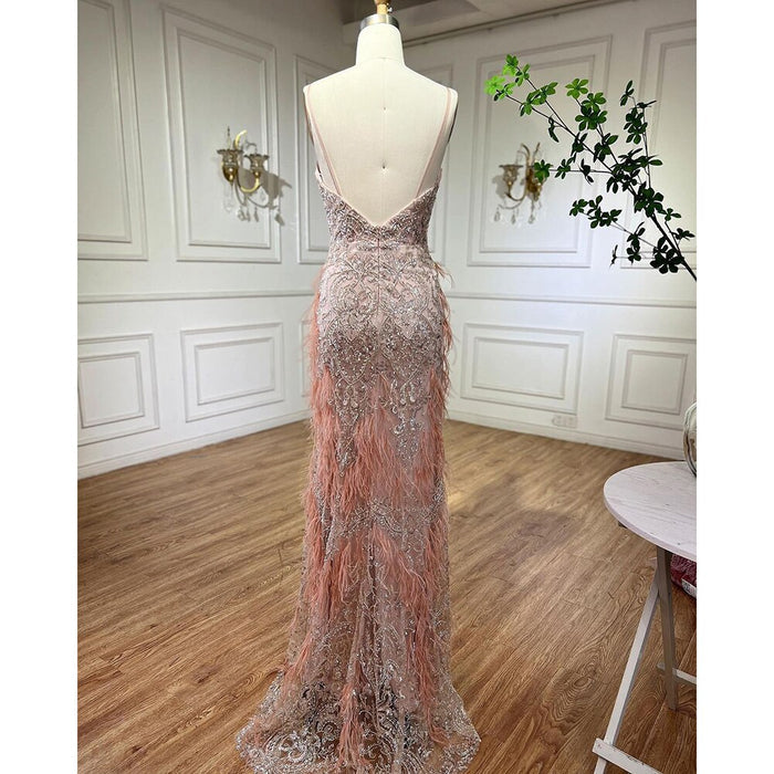 Serene Hill Pink Feathers Mermaid Evening Dresses 2025 Luxury Dubai Gowns for Women Wedding Party LA72105 - SERENE HILL