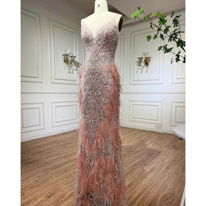 Serene Hill Pink Feathers Mermaid Evening Dresses 2025 Luxury Dubai Gowns for Women Wedding Party LA72105 - SERENE HILL