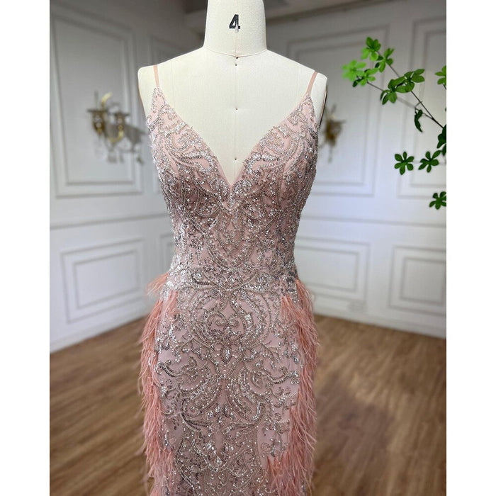 Serene Hill Pink Feathers Mermaid Evening Dresses 2025 Luxury Dubai Gowns for Women Wedding Party LA72105 - SERENE HILL