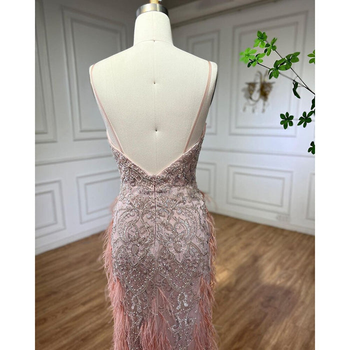 Serene Hill Pink Feathers Mermaid Evening Dresses 2025 Luxury Dubai Gowns for Women Wedding Party LA72105 - SERENE HILL
