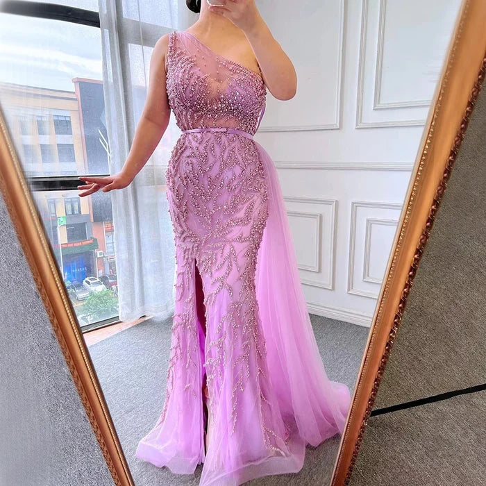 Serene Hill Pink High Split Mermaid Elegant Evening Dresses Gowns Luxury Beaded 2025 For Women Party LA71582 - SERENE HILL