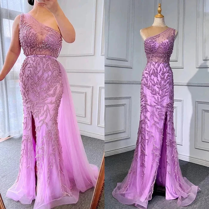 Serene Hill Pink High Split Mermaid Elegant Evening Dresses Gowns Luxury Beaded 2025 For Women Party LA71582 - SERENE HILL