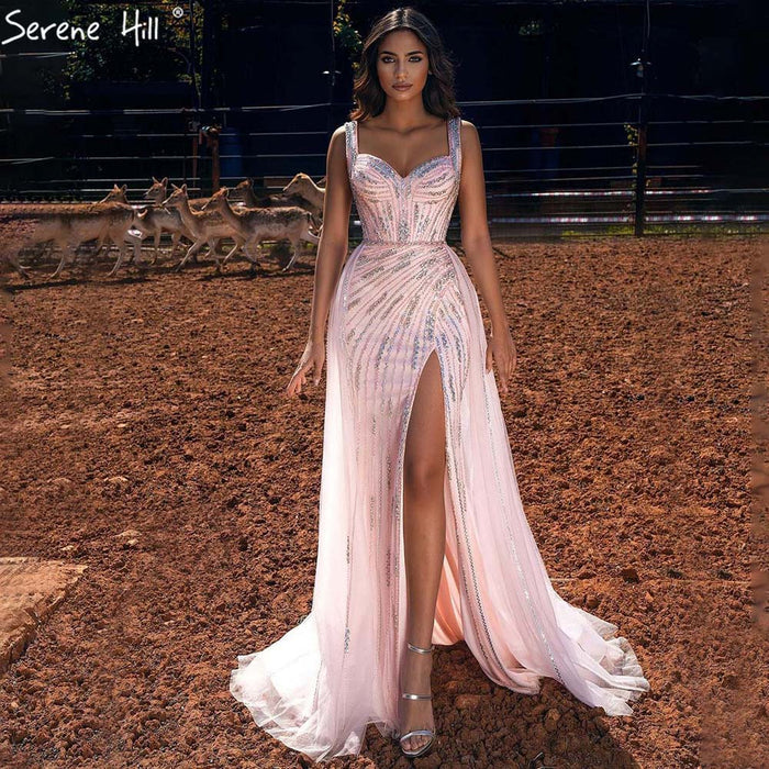 Serene Hill Pink Meramid Luxury Evening Dresses Gowns 2025 Beaded Elegant High Split For Women Party LA71373 - SERENE HILL
