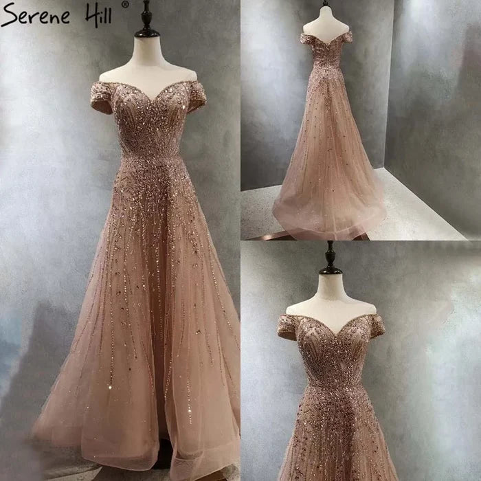 Serene Hill Rose Gold Beaded Evening Dresses Gowns 2025 A-Line Luxury Sleeveless For Women Party LA71459 - SERENE HILL