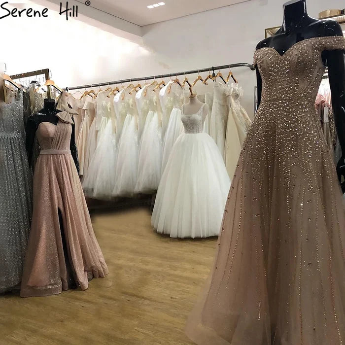 Serene Hill Rose Gold Beaded Evening Dresses Gowns 2025 A-Line Luxury Sleeveless For Women Party LA71459 - SERENE HILL