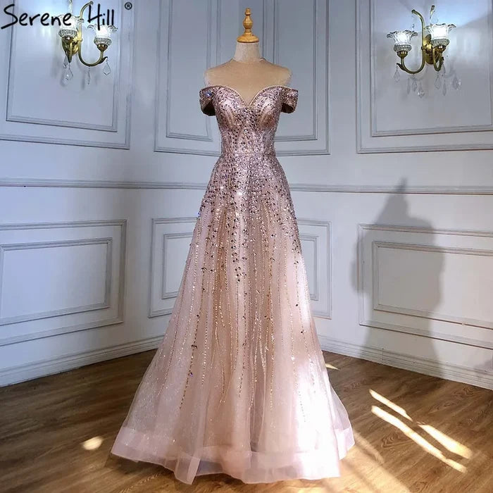 Serene Hill Rose Gold Beaded Evening Dresses Gowns 2025 A-Line Luxury Sleeveless For Women Party LA71459 - SERENE HILL