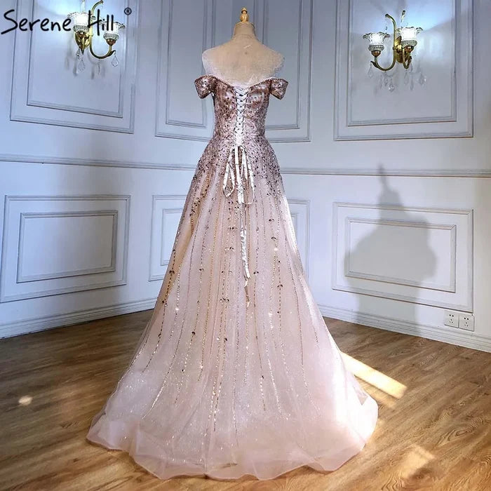 Serene Hill Rose Gold Beaded Evening Dresses Gowns 2025 A-Line Luxury Sleeveless For Women Party LA71459 - SERENE HILL
