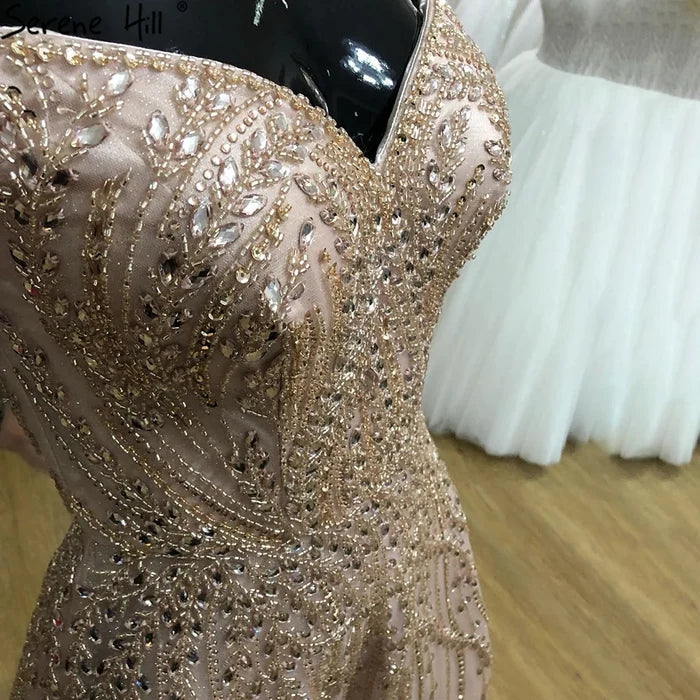 Serene Hill Rose Gold Beaded Evening Dresses Gowns 2025 A-Line Luxury Sleeveless For Women Party LA71459 - SERENE HILL